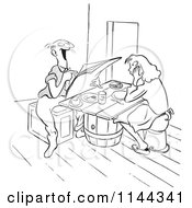 Cartoon Of A Black And White Annoyed Wife Listening To Her Husband Read The News At The Table Royalty Free Vector Clipart by Picsburg