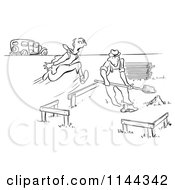 Cartoon Of A Black And White Man Running Towards A Builder As He Breaks Ground On Building A House Royalty Free Vector Clipart