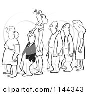 Cartoon Of A Black And White Man Leaning Back Against A Womans Chest While Standing In Line Royalty Free Vector Clipart