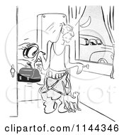 Black And White Man Shaving While His Wife Hands Him His Lunch And His Car Pool Ride Waits