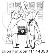 Cartoon Of Black And White Men Getting Tangled While Punching In At Work Royalty Free Vector Clipart