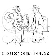 Cartoon Of A Black And White Guard Staring Down A Happy Man Carrying All Of His Belongings Royalty Free Vector Clipart by Picsburg