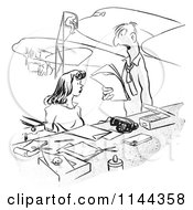 Cartoon Of A Black And White Manager Yelling At A Receptionist At An Airplane Assembly Factory Royalty Free Vector Clipart