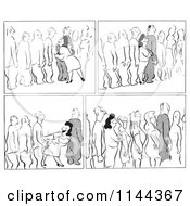 Cartoon Of Black And White Scenes Of A Woman Flirting With Men In Line Royalty Free Vector Clipart