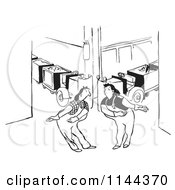 Cartoon Of Black And White Courteous Female Factory Workers Bowing Royalty Free Vector Clipart