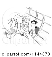 Cartoon Of A Black And White Female Airplane Factory Worker Angrily Staring Down A Man Peeping Through A Window Royalty Free Vector Clipart