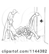 Cartoon Of Black And White Men Carrying A Man To The First Aid Office As He Is Stuck In A Stool Royalty Free Vector Clipart by Picsburg