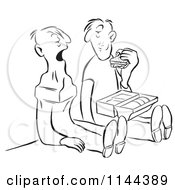 Black And White Worker Man Eating A Sandwich And Noticing That His Friend Swallowed An Anvil