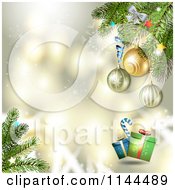 Poster, Art Print Of Gold Christmas Background With Tree Branches Baubles And Gifts