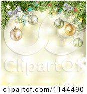 Poster, Art Print Of Golden Christmas Background With Baubles On Branches