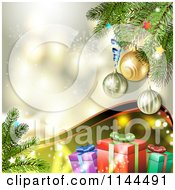 Poster, Art Print Of Christmas Background Of A Green Wave Gifts Branches And Snowflake Gold Sparkle