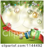 Clipart Of A Christmas Background Of Tree Branches Gifts And A Bow Wave Royalty Free Vector Illustration by merlinul