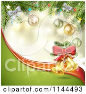 Christmas Background Of Ornaments And Branches With Bells