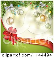 Poster, Art Print Of Christmas Background Of A Branches Baubles A Bow And Wave