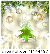 Clipart Of A Gold Christmas Background With Branches Over A Tree Royalty Free Vector Illustration