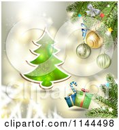 Clipart Of A Gold Christmas Background With A Tree And Branches Royalty Free Vector Illustration