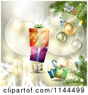 Clipart Of A Gold Christmas Background With Gifts And Branches Royalty Free Vector Illustration