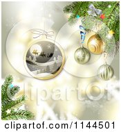 Clipart Of A Gold Christmas Background With A Santa Bauble And Tree Branches Royalty Free Vector Illustration