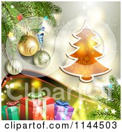 Clipart Of A Christmas Background Of A Green Wave Gifts Tree Branches And Snowflake Gold Sparkle Royalty Free Vector Illustration