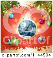 Clipart Of A Grungy Red And Gold Christmas Background With Bauble And Gifts Royalty Free Vector Illustration