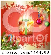 Clipart Of A Grungy Red And Gold Christmas Background With A Gift Royalty Free Vector Illustration