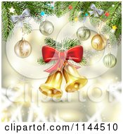 Clipart Of A Gold Christmas Background With Bells And Branches Royalty Free Vector Illustration