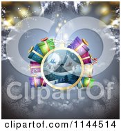 Clipart Of A Christmas Background With Snowflakes Gifts And A Santa Ornament Royalty Free Vector Illustration