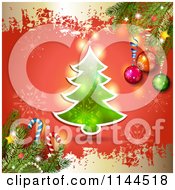 Clipart Of A Grungy Red And Gold Christmas Background With A Tree Royalty Free Vector Illustration