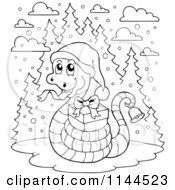 Cartoon Of An Outlined Cute Christmas Snake Ringing A Bell And Holding A Gift Royalty Free Vector Clipart