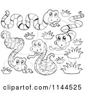 Cartoon Of Outlined Cute Snakes With Grass Royalty Free Vector Clipart