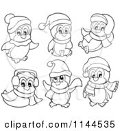 Cartoon Of Cute Black And White Penguins Wearing Scarves Winter Hats And Ear Muffs Royalty Free Vector Clipart