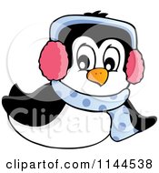 Poster, Art Print Of Cute Little Sliding Penguin Wearing A Scarf And Winter Ear Muffs