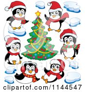 Cartoon Of Cute Penguins And Ice Around A Christmas Tree Royalty Free Vector Clipart