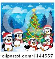 Cartoon Of Cute Penguins Playing Around A Christmas Tree Royalty Free Vector Clipart