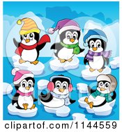 Poster, Art Print Of Cute Penguins With Winter Accessories Playing On Ice Bergs
