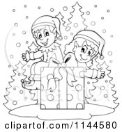 Cartoon Of Happy Black And White Christmas Elves Sitting On A Gift Box In The Snow Royalty Free Vector Clipart