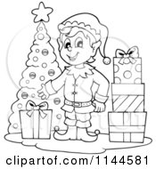 Cartoon Of A Happy Black And White Male Christmas Elf By A Tree With Gifts Royalty Free Vector Clipart by visekart