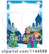 Cartoon Of A Border Of Christmas Elves Sitting On A Gift Box By A Tree Royalty Free Vector Clipart by visekart