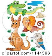 Poster, Art Print Of Cute Aussie Crocodile Frilled Lizard Kangaroo And Kookaburra With Plants And Boulders