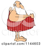 Cartoon Of Santa Drying Off With A Red Plaid Towel Royalty Free Clipart