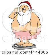 Cartoon Of Santa Scratching His Head And Standing On A Scale Royalty Free Vector Clipart