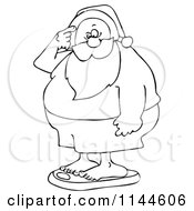 Cartoon Of A Black And White Santa Scratching His Head And Standing On A Scale Royalty Free Vector Clipart by djart
