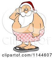 Cartoon Of Santa Scratching His Head And Weighing Himself Royalty Free Clipart