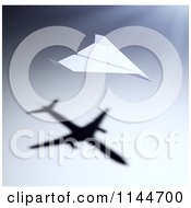 Poster, Art Print Of 3d Paper Airplane With A Shadow Of A Jet