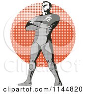 Poster, Art Print Of Halftone Male Superhero Standing Over A Halftone Circle