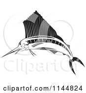 Clipart Of A Retro Black And White Sailfish Royalty Free Vector Illustration