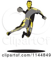 Retro Woodcut Handball Player Jumping