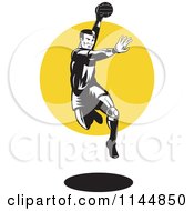Retro Woodcut Handball Player Jumping Over A Circle