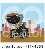 Clipart Of A Retro Front Loader Tractor At The Edge Of A City Royalty Free Vector Illustration