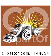 Clipart Of A Black And White Tractor Over Brown With A Burst Royalty Free Vector Illustration